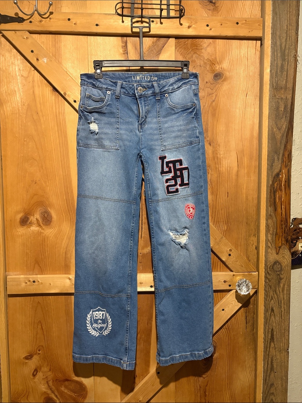 Limited Too Blue Patchwork Wide-Leg Jeans with Embroidered Patches